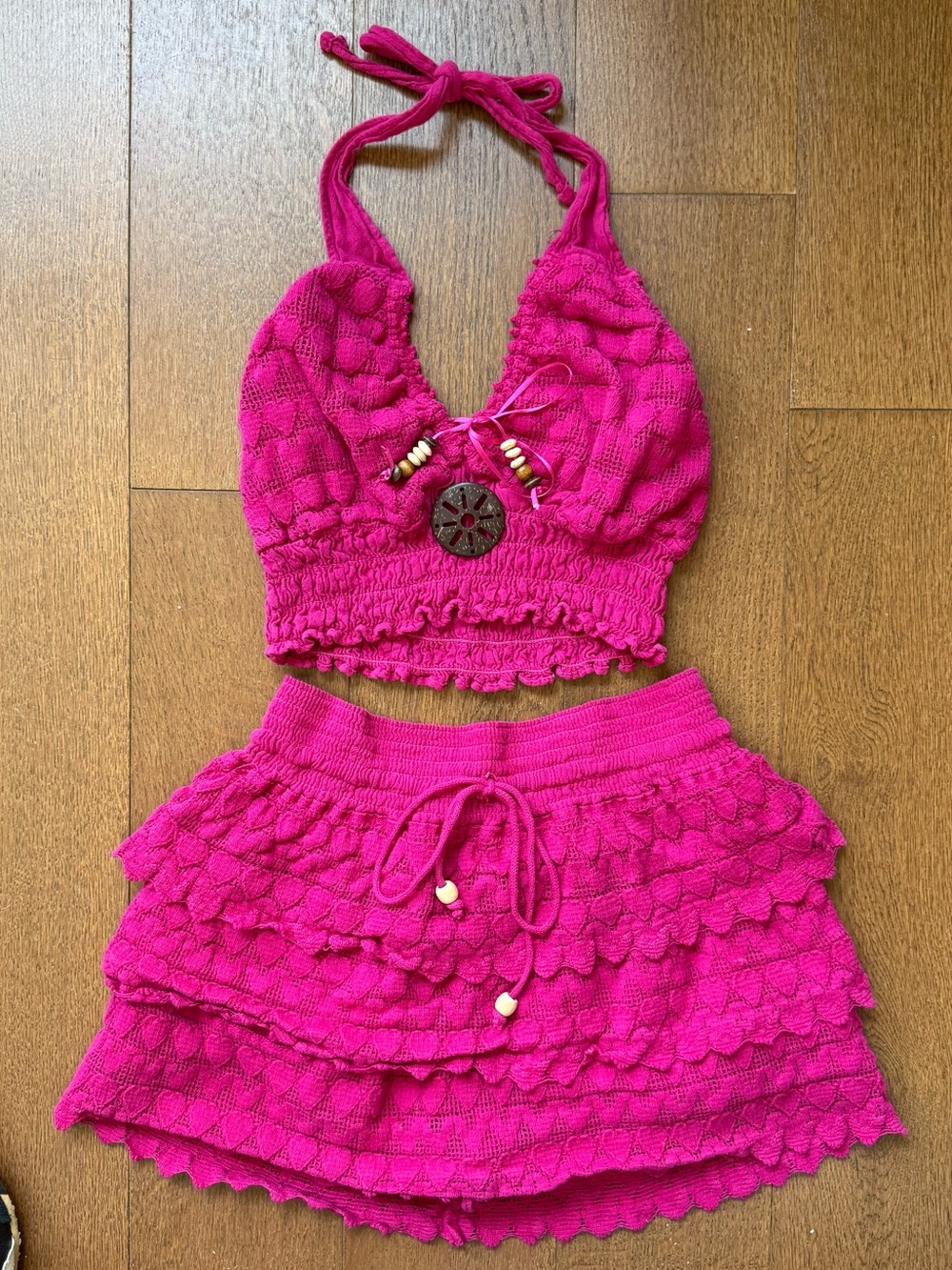 Hot Pink Crochet Style Halter Top and Skirt Set